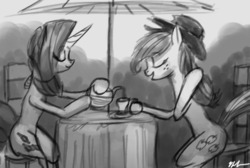 Size: 1280x861 | Tagged: safe, artist:tarantad0, applejack, rarity, g4, female, lesbian, monochrome, ship:rarijack, shipping, table, tea party