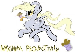 Size: 1280x897 | Tagged: safe, artist:heir-of-rick, derpy hooves, pegasus, pony, g4, female, i have done nothing productive all day, mare, muffin, productive, solo