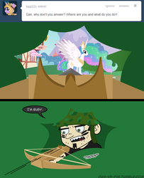 Size: 650x800 | Tagged: safe, artist:mixermike622, princess celestia, alicorn, human, pony, g4, butt, crossbow, dan, dan vs, dan vs fim, female, male, mare, plot, spread wings, weapon, wings