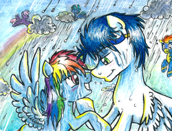 Size: 900x683 | Tagged: safe, artist:ladydekaro, rainbow dash, soarin', spitfire, g4, blushing, female, male, rain, romantic, ship:soarindash, shipping, straight