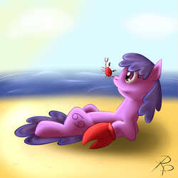 Size: 2000x2000 | Tagged: safe, artist:ruberphoenix, cancer (g4), crab, pony, g4, beach, cancer (horoscope), female, lying down, mare, on back, ponyscopes, sand, zodiac