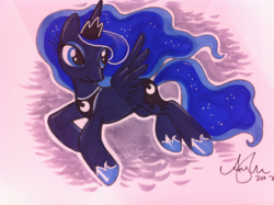 Size: 1024x765 | Tagged: safe, artist:amy mebberson, princess luna, pony, g4, female, flying, looking back, solo, traditional art