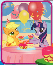 Size: 423x521 | Tagged: safe, applejack, twilight sparkle, g4, angry, balloon, cake, frown, glare, holding something, looking at you, streamers, table