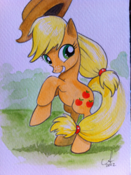 Size: 765x1024 | Tagged: safe, artist:amy mebberson, applejack, g4, grass, traditional art, watercolor painting