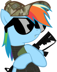 Size: 799x1011 | Tagged: safe, artist:totallynotabronyfim, rainbow dash, g4, ar-15, body armor, clothes, gun, hat, sunglasses, toothpick, vest