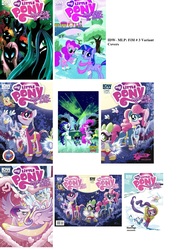 Size: 1366x1845 | Tagged: safe, idw, dj pon-3, fluttershy, pinkie pie, queen chrysalis, rarity, spike, twilight sparkle, vinyl scratch, changeling, pony, g4, compilation