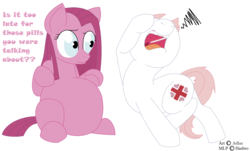 Size: 1760x1064 | Tagged: safe, artist:adlaz, nurse redheart, pinkie pie, g4, hilarious in hindsight, pinkamena diane pie, preggy pie, pregnant