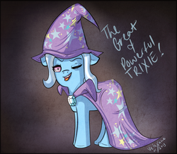 Size: 828x723 | Tagged: safe, artist:velexane, trixie, g4, accessory swap, cape, clothes, full body, great and powerful, hat, solo, standing, trixie's brooch, trixie's cape, trixie's hat