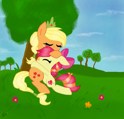 Size: 2172x2084 | Tagged: safe, artist:daisy-dictator, apple bloom, applejack, g4, alternate cutie mark, crystallized, cutie mark, hug, older, tiara