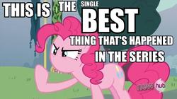 Size: 820x460 | Tagged: safe, edit, edited screencap, screencap, pinkie pie, g4, magic duel, caption, downvote bait, hater, insult, no mouth, text