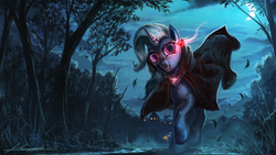 Size: 1920x1080 | Tagged: safe, artist:huussii, trixie, g4, alicorn amulet, glowing eyes, moon, night