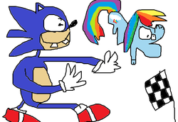 Size: 697x480 | Tagged: safe, artist:ilikepronyz, rainbow dash, g4, crossover, gotta go fast, male, racing, sanic, sonic the hedgehog, sonic the hedgehog (series), stylistic suck, wat, wtf