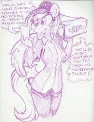 Size: 850x1100 | Tagged: safe, artist:trollie trollenberg, derpy hooves, anthro, g4, female, mailpony, monochrome, pizza, skinny, solo, thin, traditional art