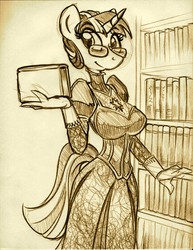 Size: 850x1100 | Tagged: safe, artist:trollie trollenberg, twilight sparkle, anthro, g4, book, breasts, busty twilight sparkle, clothes, curvy, dress, female, monochrome, skinny, solo, thin, traditional art