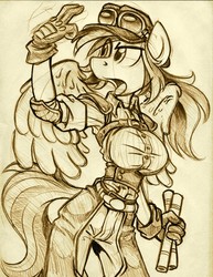 Size: 850x1100 | Tagged: safe, artist:trollie trollenberg, rainbow dash, anthro, g4, female, monochrome, skinny, solo, steampunk, thin, traditional art