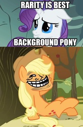 Size: 640x978 | Tagged: safe, applejack, rarity, g4, season 3, duckface, meme, meta, text, trollface, trolling