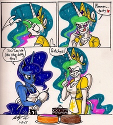 Size: 1320x1460 | Tagged: safe, artist:newyorkx3, princess celestia, princess luna, anthro, g4, bait and switch, cake, comic, dialogue, frosting, icing bag, implied princess molestia, traditional art, trolling