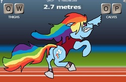 Size: 829x538 | Tagged: safe, artist:ponyboogers, rainbow dash, g4, parody, quality, qwop