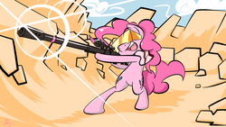 Size: 3000x1686 | Tagged: safe, artist:red-poni, pinkie pie, g4, cute, diapinkes, gun, parody, tengen toppa gurren lagann, weapon