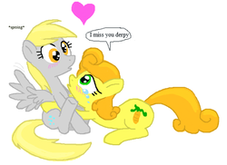 Size: 564x410 | Tagged: safe, artist:shutterflye, carrot top, derpy hooves, golden harvest, earth pony, pegasus, pony, g4, background pony, blushing, crying, duo, duo female, female, flockdraw, heart, hug, lesbian, mare, sad pony, ship:derpytop, shipping, sproing, wingboner