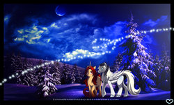 Size: 1148x696 | Tagged: safe, artist:lessanamidairo, oc, oc only, pegasus, pony, unicorn, anhy, final fantasy, final fantasy xiii, moon, snow