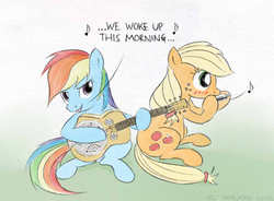 Size: 640x472 | Tagged: safe, artist:el-yeguero, applejack, rainbow dash, g4, guitar, harmonica, hatless, missing accessory, musical instrument, singing