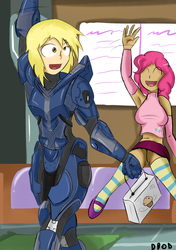 Size: 1748x2480 | Tagged: safe, artist:dinobirdofdoom, derpy hooves, pinkie pie, human, g4, armor, armpits, duo, halo (series), humanized, mary janes, moderate dark skin