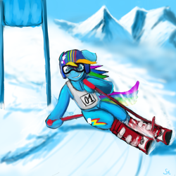 Size: 3000x3000 | Tagged: safe, artist:gordonfreeguy, rainbow dash, pony, semi-anthro, g4, alpine skiing, solo, winter sport
