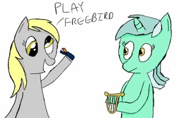 Size: 1024x682 | Tagged: dead source, safe, artist:linkiefox, derpy hooves, lyra heartstrings, pegasus, pony, unicorn, g4, background pony, duo, duo female, female, free bird, hoof hold, lighter, lynyrd skynyrd, lyre, mare, musical instrument, simple background, white background