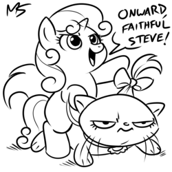 Size: 945x945 | Tagged: safe, artist:megasweet, opalescence, sweetie belle, cat, pony, unicorn, g4, black and white, dialogue, duo, female, filly, grayscale, lineart, monochrome, open mouth, pet, ponies riding cats, riding, simple background, sweetie belle riding opalescence, white background