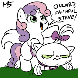 Size: 945x945 | Tagged: safe, artist:megasweet, opalescence, sweetie belle, g4, duo, pet, ponies riding cats, riding, sweetie belle riding opalescence