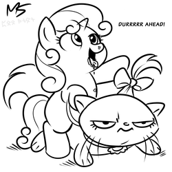 Size: 945x945 | Tagged: safe, artist:megasweet, edit, opalescence, sweetie belle, cat, pony, unicorn, g4, black and white, derp, drool, duo, female, filly, grayscale, lineart, monochrome, open mouth, pet, ponies riding cats, riding, simple background, sweetie belle riding opalescence, sweetie derp, sweetiedumb, this will not end well, white background