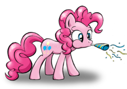 Size: 900x635 | Tagged: safe, artist:kitty-ham, pinkie pie, earth pony, pony, g4, confetti, female, mouth hold, party horn, puffy cheeks, simple background, solo, transparent background
