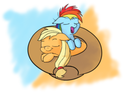 Size: 1489x1105 | Tagged: safe, artist:hanswurst10, applejack, rainbow dash, g4, cowboy hat, female, filly, hat, lesbian, ship:appledash, shipping, sleeping, stetson