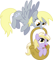 Size: 9069x10313 | Tagged: safe, artist:agamnentzar, artist:tryhardbrony, derpy hooves, dinky hooves, pegasus, pony, g4, absurd resolution, basket, cute, equestria's best mother, female, mare, pony in a basket, simple background, transparent background, vector