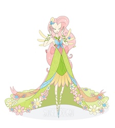 Size: 807x900 | Tagged: safe, artist:flying-fox, fluttershy, human, g4, clothes, dress, eared humanization, female, flattershy, gala dress, humanized, simple background, skinny, solo, thin, winged humanization