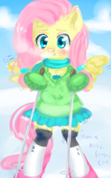 Size: 500x800 | Tagged: safe, artist:marinakirby, fluttershy, pony, g4, 30 minute art challenge, bipedal, clothes, skiing, skirt, snow