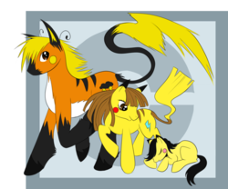 Size: 979x816 | Tagged: safe, artist:savannaeve, pichu, pikachu, raichu, eyes closed, looking at you, pokémon, ponified, prone, raised hoof, sleeping, smiling, unshorn fetlocks