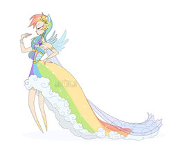 Size: 900x783 | Tagged: safe, artist:flying-fox, rainbow dash, human, g4, clothes, dress, eared humanization, female, gala dress, humanized, simple background, skinny, solo, thin, winged humanization