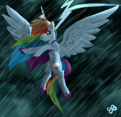 Size: 489x469 | Tagged: safe, artist:brookreed, rainbow dash, alicorn, pony, g4, race swap, rain, rainbowcorn, thunderstorm