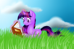 Size: 1500x1000 | Tagged: safe, artist:violyre, twilight sparkle, pony, unicorn, g4, book, grass, magic, outdoors, reading, solo, telekinesis, unicorn twilight