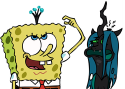 Size: 919x654 | Tagged: safe, artist:corwin, queen chrysalis, g4, crossover, crown, crying, i'm your biggest fanatic, male, spongebob squarepants, spongebob squarepants (character)