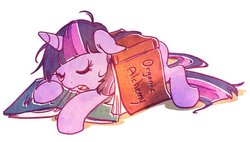 Size: 1187x673 | Tagged: safe, artist:buttercupbabyppg, twilight sparkle, pony, unicorn, g4, book, cute, eyes closed, female, floppy ears, mare, open mouth, prone, simple background, sleeping, solo, twiabetes, unicorn twilight, white background