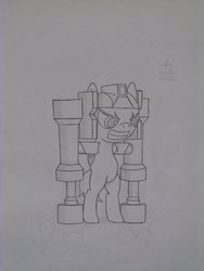 Size: 900x1200 | Tagged: safe, artist:bonsai-tree009, rumble, pony, g4, crossover, grin, lineart, namesake, parody, piledriver, pun, rumble (transformers), smiling, traditional art, transformers, visual pun, wings