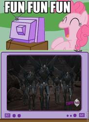 Size: 876x1200 | Tagged: safe, pinkie pie, g4, exploitable meme, fun fun fun, hub logo, meme, roflbot, starscream, transformers, tv meme