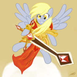 Size: 512x512 | Tagged: safe, artist:omahax, derpy hooves, pegasus, pony, g4, armor, crossover, female, kayle, league of legends, mare, parody, sword