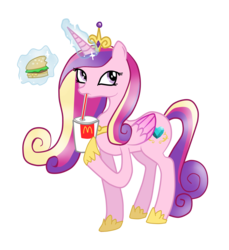 Size: 1656x1808 | Tagged: safe, princess cadance, alicorn, pony, g4, burger, drink, female, glowing, glowing horn, horn, magic, mare, mcdonald's, ponies eating meat, simple background, solo, straw, telekinesis, transparent background