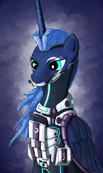 Size: 1787x3000 | Tagged: safe, artist:steptrool, princess luna, pony, g4, alternate hairstyle, armor, female, mohawk, science fiction, solo