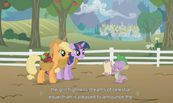 Size: 850x507 | Tagged: safe, screencap, applejack, spike, twilight sparkle, g4, grill, youtube caption