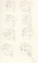 Size: 1168x1920 | Tagged: safe, artist:ramott, bon bon, lyra heartstrings, spitfire, sweetie belle, sweetie drops, earth pony, pegasus, pony, unicorn, g4, :s, bon bon is not amused, crying, eyes closed, gritted teeth, monochrome, one eye closed, open mouth, sad, sleeping, smiling, traditional art, wavy mouth, wink, zzz
